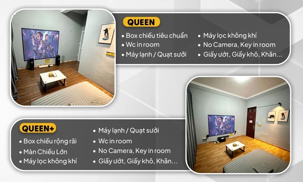 Top 9 Quán Cafe Phim Cầu Giấy Đáng Thử: Thưởng Thức Phim Hay, Cà Phê Ngon 11 Phòng chiếu phim với màn hình lớn, bàn trà thấp, ghế ngồi thoải mái và thông tin dịch vụ bên cạnh.