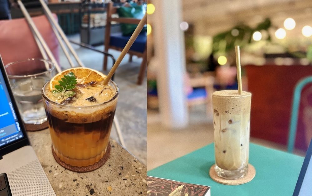Khám Phá Top 10 Quán Cà Phê Yên Tĩnh Quận 3 Lý Tưởng Cho "Chạy Deadline" 15 Hai ly cà phê trên bàn: một ly đen đá cam, một ly cà phê sữa đá. Cả hai có ống hút và nền quán cà phê.