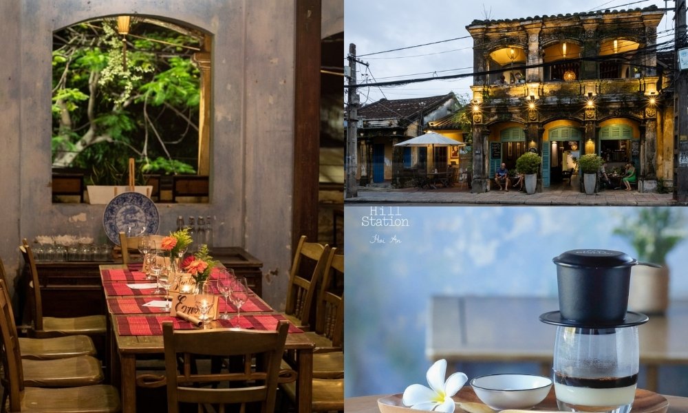 Khám Phá Hơn 10 Quán Cafe Đẹp Ở Hội An Cho Góc Sống Ảo Triệu Like 19 Bên trong nhà hàng ấm cúng, mặt tiền quán cổ kính và ly cà phê phin với hoa trắng bên cạnh.