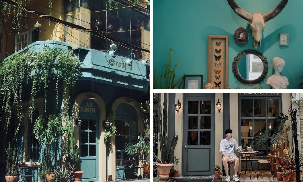 Khám Phá Top Quán Cafe Hấp Dẫn Trên Đường Nguyễn Chí Thanh - Điểm Đến Thú Vị 6 Quán cà phê có mặt tiền xanh, trang trí cây xanh; tường bên trong với đầu lâu và tranh bướm; người ngồi ngoài trời.