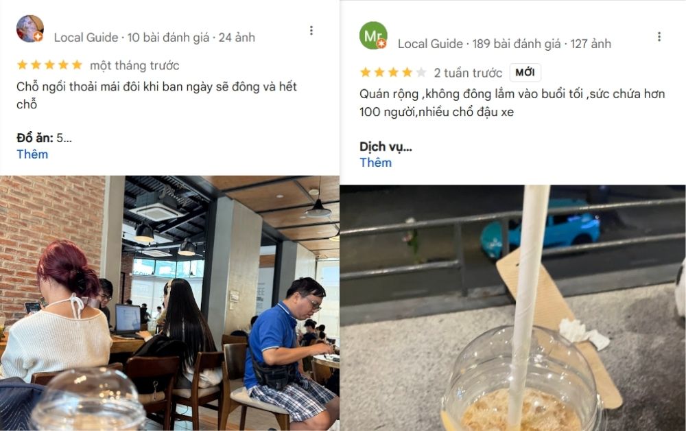 Khám Phá Top 10 Quán Cà Phê Yên Tĩnh Quận 3 Lý Tưởng Cho "Chạy Deadline" 25 Hình ảnh ghép hai đánh giá quán cà phê, một bên là không gian quán, bên kia là ly cà phê với ống hút.