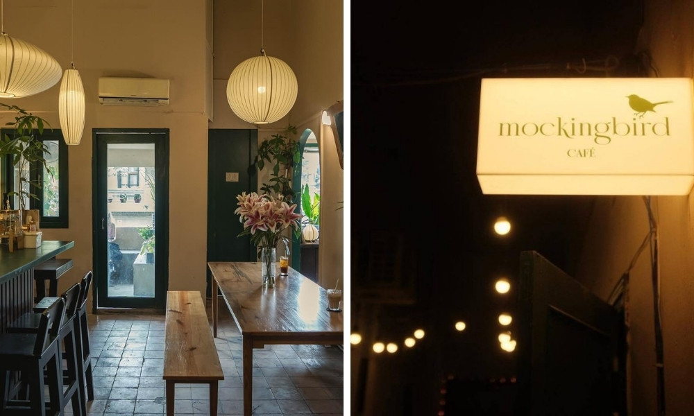 Khám Phá 15 Quán Cafe Yên Tĩnh ở Quận 1: Không Gian Thoải Mái, Thức Uống Tuyệt Hảo 9 Bên trái: Nội thất quán cà phê với bàn gỗ và đèn treo. Bên phải: Biển hiệu quán cà phê với ánh sáng buổi tối.