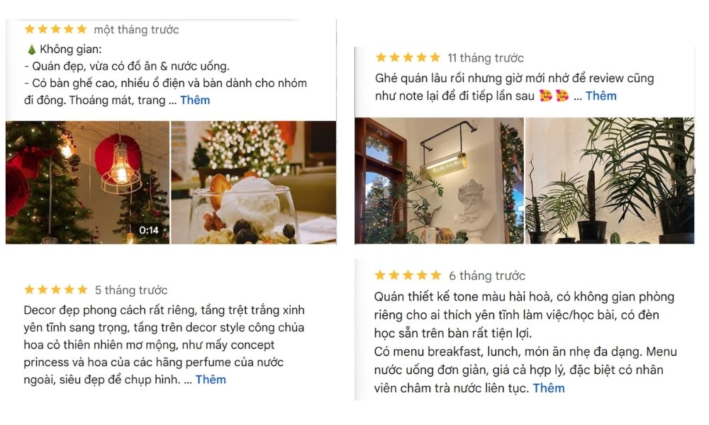 Khám Phá 15 Quán Cafe Yên Tĩnh ở Quận 1: Không Gian Thoải Mái, Thức Uống Tuyệt Hảo 4 Hình ảnh mô tả một số bài đánh giá và hình chụp không gian trang trí của quán cà phê với cây xanh và đèn trang trí.