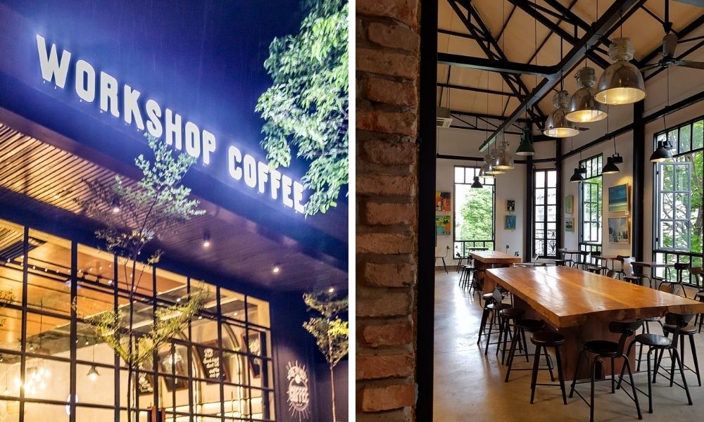 Khám Phá 15 Quán Cafe Yên Tĩnh ở Quận 1: Không Gian Thoải Mái, Thức Uống Tuyệt Hảo 31 Quán cà phê với biển hiệu sáng đèn và không gian bên trong hiện đại, bàn dài gỗ và ghế xung quanh.