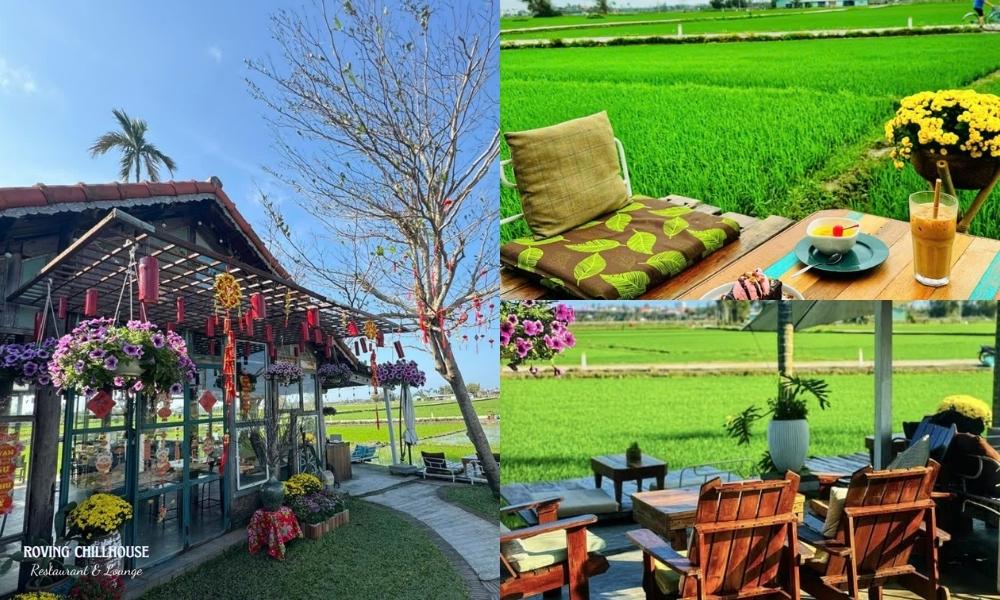 Khám Phá Hơn 10 Quán Cafe Đẹp Ở Hội An Cho Góc Sống Ảo Triệu Like 9 Quán cà phê trang trí Tết, nằm cạnh cánh đồng lúa xanh, với bàn ghế ngoài trời và đồ uống.