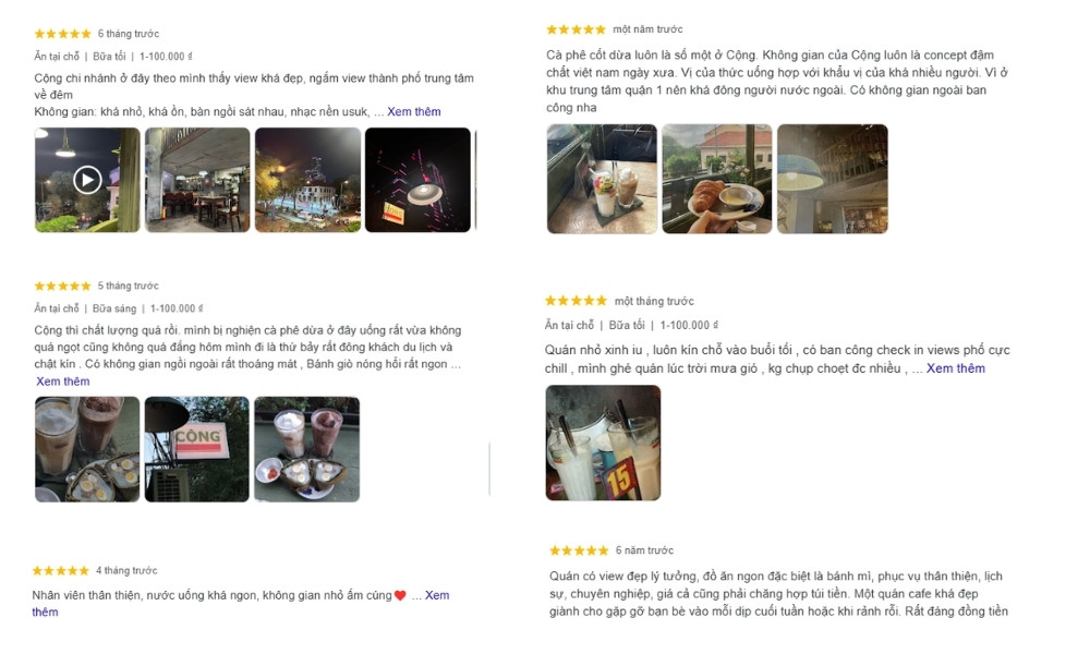 Khám Phá 15 Quán Cafe Yên Tĩnh ở Quận 1: Không Gian Thoải Mái, Thức Uống Tuyệt Hảo 12 Hình ảnh các đánh giá quán cà phê với nhiều sao, kèm theo hình ảnh món ăn và không gian quán.