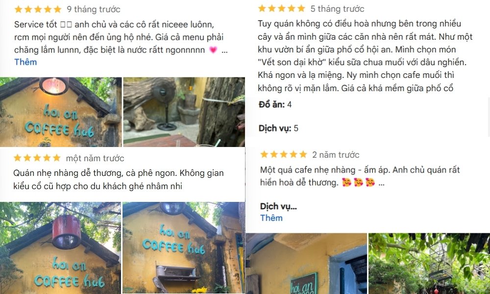 Khám Phá Hơn 10 Quán Cafe Đẹp Ở Hội An Cho Góc Sống Ảo Triệu Like 24 Hình ảnh hiển thị các đánh giá khách hàng về một quán cà phê với hình ảnh mặt tiền quán.