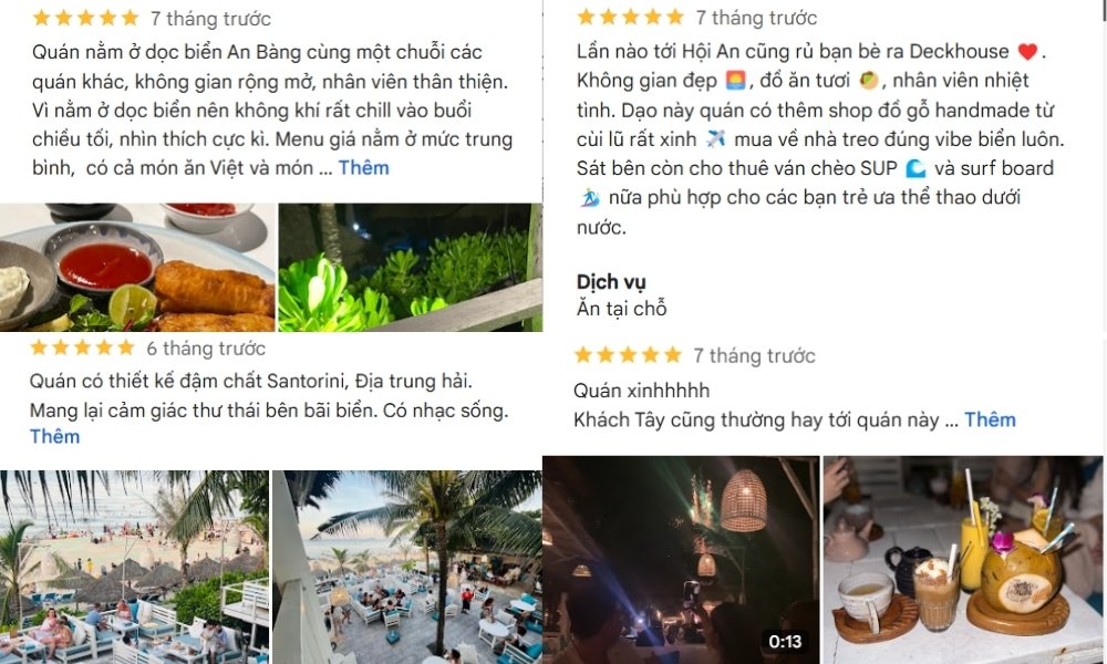 Khám Phá Hơn 10 Quán Cafe Đẹp Ở Hội An Cho Góc Sống Ảo Triệu Like 8 Ảnh chụp màn hình các đánh giá khách hàng về quán cà phê ven biển, kèm hình ảnh món ăn và khung cảnh biển.