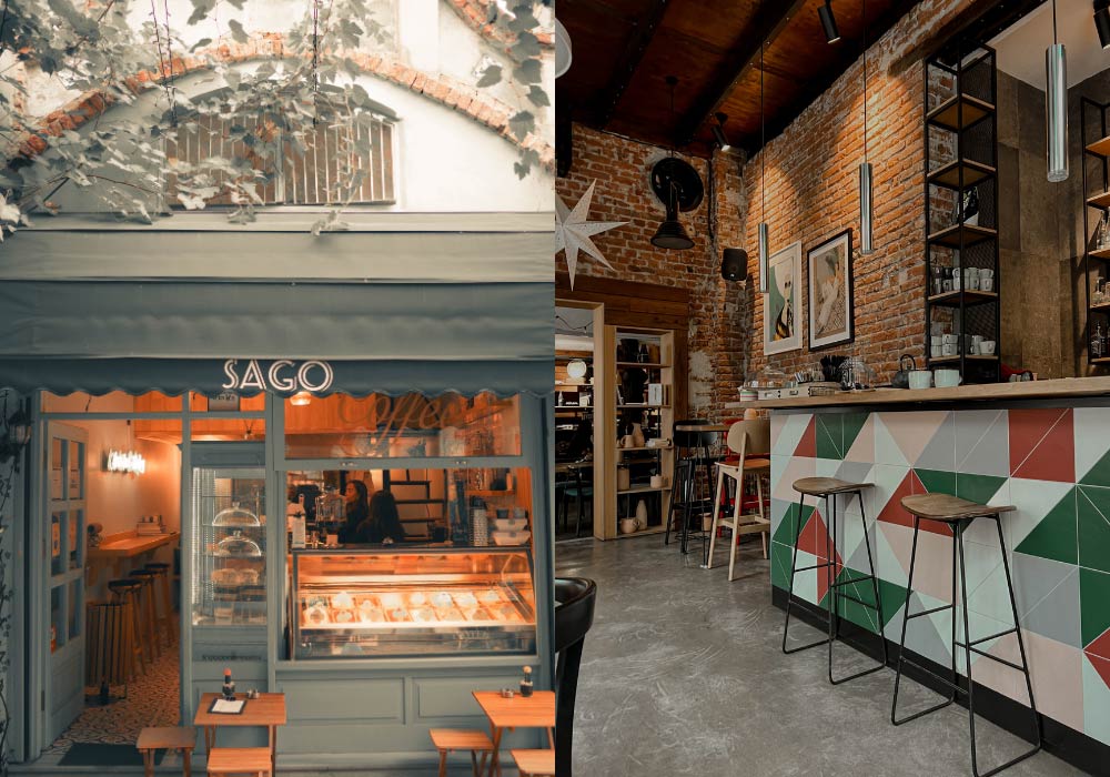 Quán cà phê Sago với thiết kế ấm cúng, nội thất gỗ và tường gạch, tạo không gian thư giãn thoải mái.