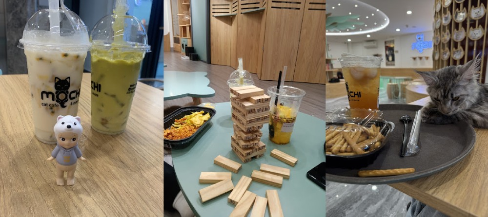 Khám Phá 8 Quán Cafe Mèo TPHCM: Thiên Đường Cho Tín Đồ Yêu Mèo 31 Ba hình ảnh: Đồ uống và đồ chơi trên bàn; Trò chơi xếp gỗ; Mèo cạnh đồ ăn và thức uống trên khay.
