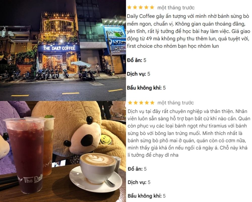 Khám Phá 8+ Quán Cafe Đêm Sài Gòn Đẹp Lung Linh Bạn Không Thể Bỏ Lỡ 16 Mặt tiền quán cà phê ban đêm và đồ uống trên bàn với thú nhồi bông, kèm đánh giá dịch vụ và không gian quán.