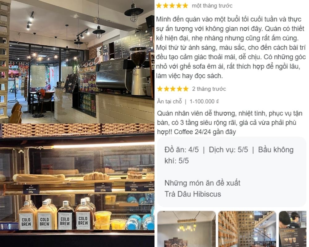 Khám Phá 8+ Quán Cafe Đêm Sài Gòn Đẹp Lung Linh Bạn Không Thể Bỏ Lỡ 10 Quán cà phê với thiết kế hiện đại, quầy phục vụ và tủ bánh cùng các chai cold brew, đánh giá dịch vụ tốt.