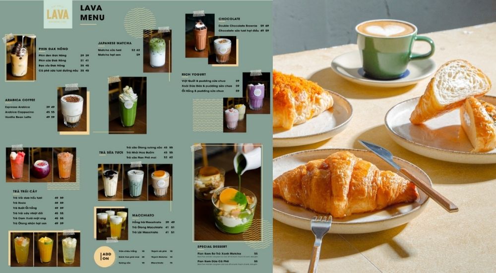 Khám Phá 10 Quán Cafe Gò Vấp Với Góc "Hidden Gem" Độc Đáo 16 Menu đồ uống và bánh ngọt với hình ảnh các món nước và bánh croissant trên bàn, cạnh ly cà phê.