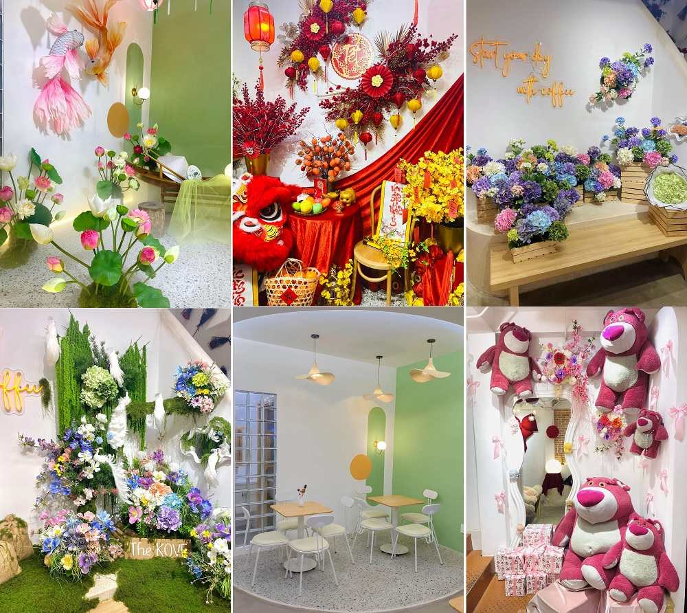 Góc trang trí quán cà phê với hoa tươi, đèn lồng và gấu bông, tạo không gian ấm cúng và sắc màu.