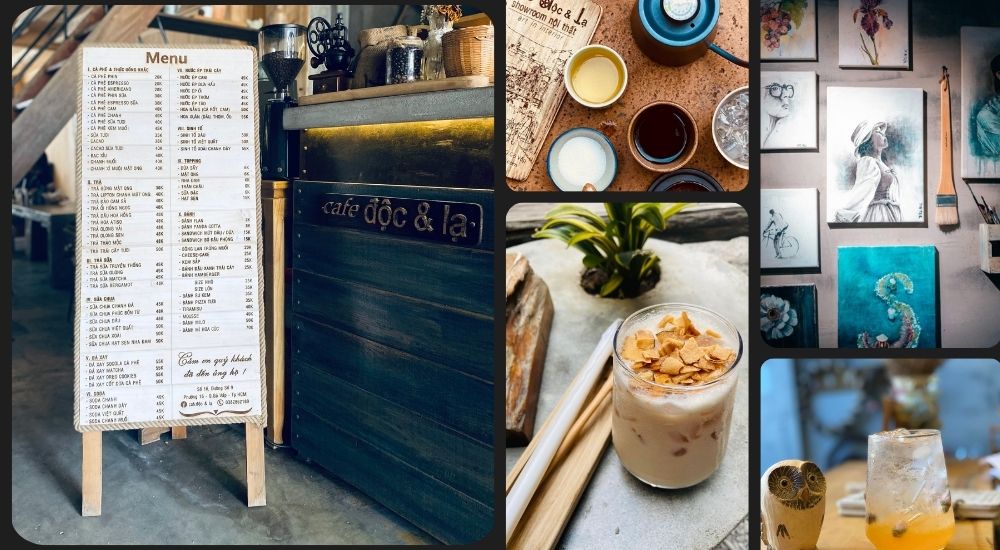 Khám Phá 10 Quán Cafe Gò Vấp Với Góc "Hidden Gem" Độc Đáo 28 Bảng menu quán cà phê, thức uống, tranh treo tường và một ly nước trang trí với lát hạnh nhân.