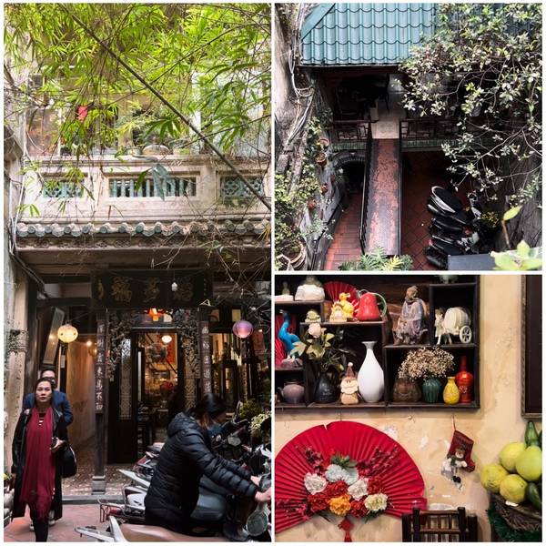 Hẻm nhỏ ở H&agrave; Nội với qu&aacute;n c&agrave; ph&ecirc;, c&acirc;y xanh, xe m&aacute;y v&agrave; trang tr&iacute; nội thất truyền thống.