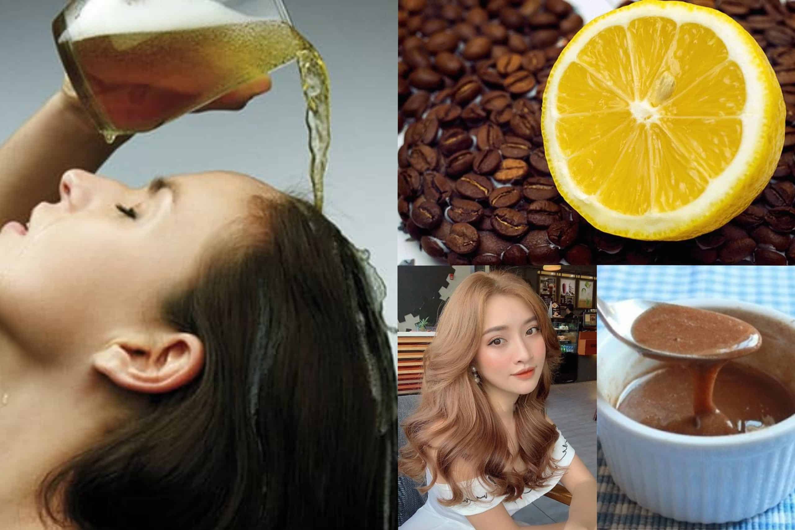 H&igrave;nh ảnh kết hợp: người đang đổ bia l&ecirc;n đầu, c&agrave; ph&ecirc; v&agrave; chanh, c&ocirc; g&aacute;i t&oacute;c nhuộm, b&aacute;t chứa chất lỏng m&agrave;u n&acirc;u.