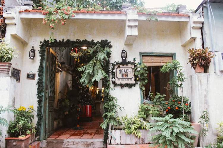 Mặt tiền của một qu&aacute;n c&agrave; ph&ecirc; nhỏ với c&acirc;y xanh trang tr&iacute;, cửa ra v&agrave;o v&agrave; bảng hiệu gỗ treo b&ecirc;n ngo&agrave;i.