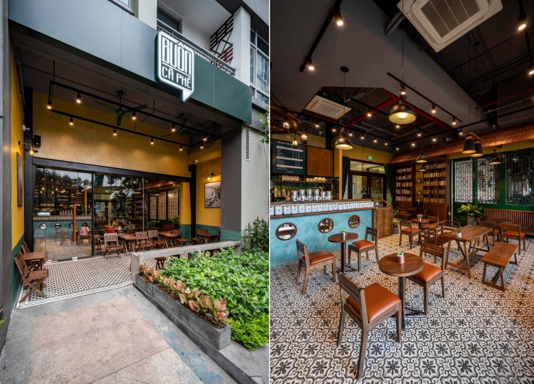 Qu&aacute;n c&agrave; ph&ecirc; với mặt tiền hiện đại v&agrave; kh&ocirc;ng gian nội thất ấm c&uacute;ng, b&agrave;n ghế gỗ, trang tr&iacute; tinh tế.