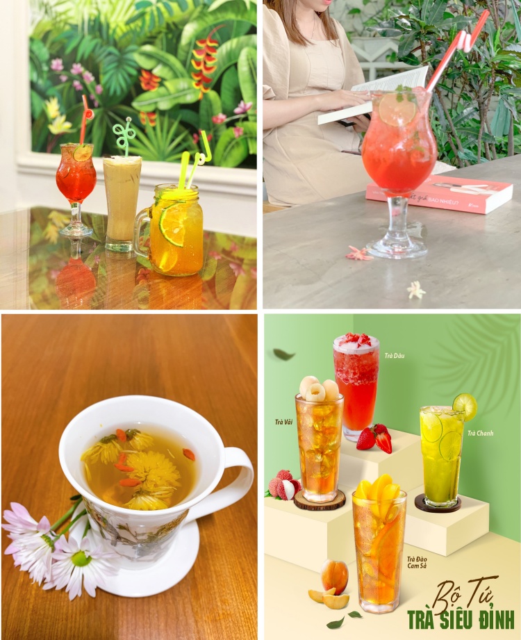 H&igrave;nh ảnh c&aacute;c loại tr&agrave; v&agrave; nước uống đa dạng, bao gồm tr&agrave; hoa, tr&agrave; tr&aacute;i c&acirc;y, v&agrave; ly nước cạnh s&aacute;ch.