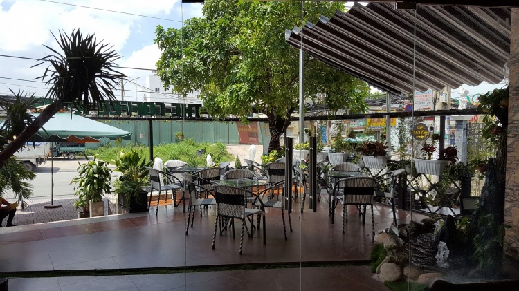 Qu&aacute;n c&agrave; ph&ecirc; ngo&agrave;i trời với b&agrave;n ghế xếp dưới m&aacute;i hi&ecirc;n, xung quanh c&oacute; c&acirc;y xanh v&agrave; trang tr&iacute; c&acirc;y cảnh.