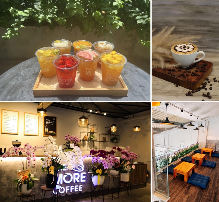 H&igrave;nh ảnh qu&aacute;n c&agrave; ph&ecirc; với đồ uống tr&aacute;i c&acirc;y, c&agrave; ph&ecirc; nghệ thuật, hoa trang tr&iacute; v&agrave; kh&ocirc;ng gian ngồi thoải m&aacute;i.