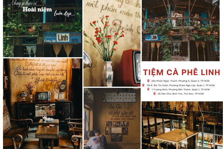 Qu&aacute;n c&agrave; ph&ecirc; cổ điển với nội thất gỗ, đồ trang tr&iacute; ho&agrave;i niệm v&agrave; th&ocirc;ng tin địa chỉ chi nh&aacute;nh.