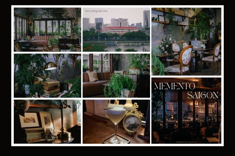 Qu&aacute;n c&agrave; ph&ecirc; trang tr&iacute; nội thất cổ điển với c&acirc;y xanh, s&aacute;ch cũ, ghế bọc nệm v&agrave; tầm nh&igrave;n ra s&ocirc;ng v&agrave; th&agrave;nh phố.