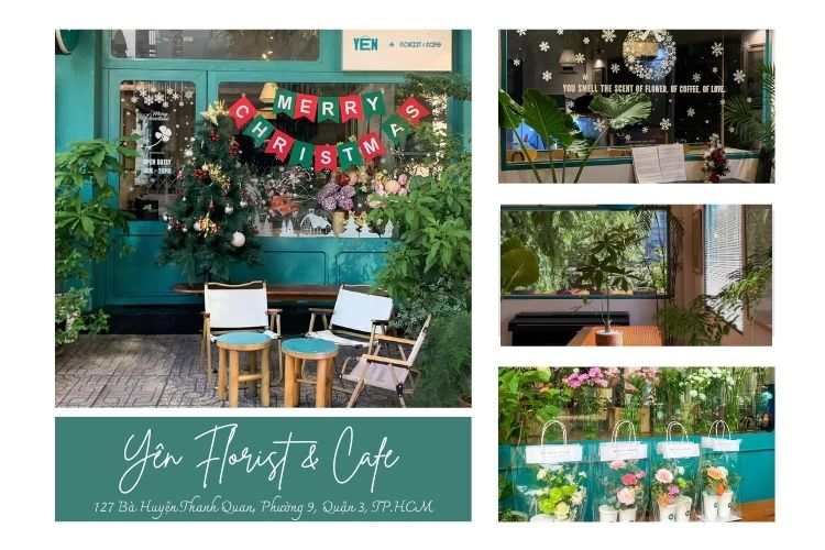 Cửa h&agrave;ng trang tr&iacute; Gi&aacute;ng Sinh, b&agrave;n ghế ngo&agrave;i trời, hoa v&agrave; c&acirc;y xanh, kh&ocirc;ng gian b&ecirc;n trong với hoa v&agrave; c&acirc;y cảnh.