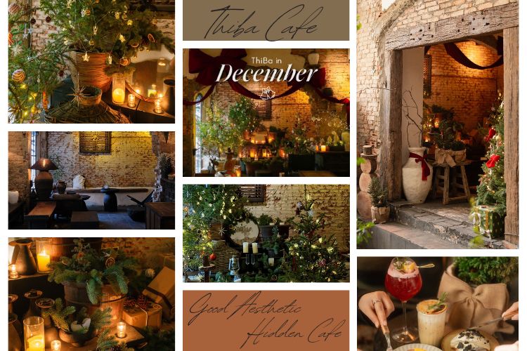 Qu&aacute;n c&agrave; ph&ecirc; trang tr&iacute; với c&acirc;y xanh, nến v&agrave; đồ uống, tạo kh&ocirc;ng gian ấm c&uacute;ng v&agrave; l&atilde;ng mạn.