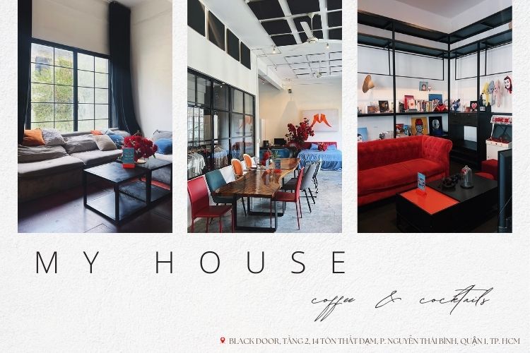 Ba h&igrave;nh ảnh nội thất qu&aacute;n c&agrave; ph&ecirc; với ghế sofa, b&agrave;n gỗ v&agrave; kệ s&aacute;ch, c&ugrave;ng th&ocirc;ng tin địa điểm b&ecirc;n dưới.