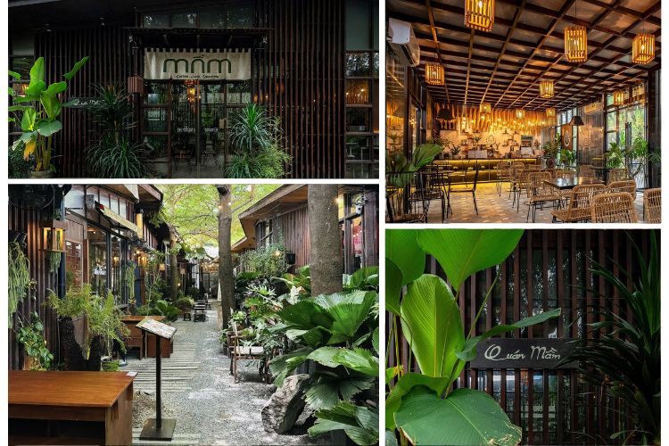 Qu&aacute;n c&agrave; ph&ecirc; phong c&aacute;ch tự nhi&ecirc;n với c&acirc;y xanh, nội thất gỗ, đ&egrave;n treo v&agrave; kh&ocirc;ng gian ngo&agrave;i trời tho&aacute;ng đ&atilde;ng.