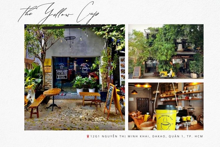 Qu&aacute;n c&agrave; ph&ecirc; với kh&ocirc;ng gian ngo&agrave;i trời xanh m&aacute;t, nội thất ấm c&uacute;ng, v&agrave; ly c&agrave; ph&ecirc; mang thương hiệu ri&ecirc;ng.