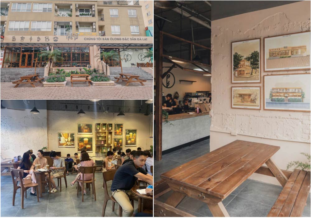 Khám Phá Top 6 Quán Cafe Hot Nhất Tại Thành Thái, Cầu Giấy 4 Quán cà phê với mặt tiền rộng, nội thất trang trí tranh ảnh và khách hàng đang thưởng thức đồ uống.