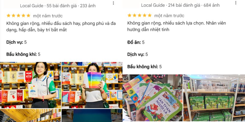 Khám Phá Top Quán Cafe Sách Hot Nhất Quận 1 Bạn Không Thể Bỏ Lỡ Năm Nay 28 Hai người đứng trước kệ sách, mỗi người cầm sách, xung quanh là nhiều đầu sách khác nhau.