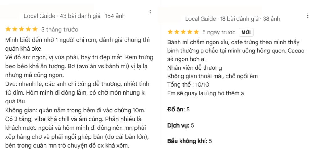 Khám Phá Top Quán Cafe Sách Hot Nhất Quận 1 Bạn Không Thể Bỏ Lỡ Năm Nay 22 Hai đánh giá quán ăn với chi tiết về đồ ăn, dịch vụ, không gian và điểm số tổng thể.