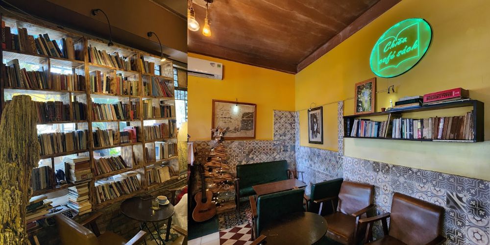 Khám Phá Top Quán Cafe Sách Hot Nhất Quận 1 Bạn Không Thể Bỏ Lỡ Năm Nay 5 Quán cà phê ấm cúng với kệ sách lớn, ghế ngồi thoải mái, tường gạch trang trí và ánh đèn neon xanh.