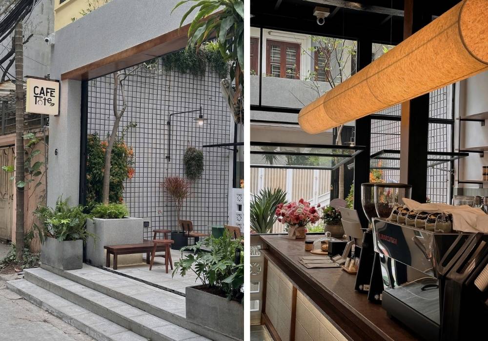 Khám Phá Top 10 Quán Cafe Láng Hạ: View Đẹp, Menu Hấp Dẫn, Giá Cực Hợp Lý 9 Quán cà phê có thiết kế hiện đại với không gian ngoài trời thoáng đãng và quầy pha chế bên trong.