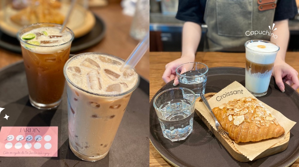 Khám Phá 11 Quán Cafe Đội Cấn Tuyệt Vời Cho Thư Giãn Và Làm Việc 28 Ly cà phê đá và trà sữa trên khay, bên cạnh là croissant và cà phê sữa trên khay khác.