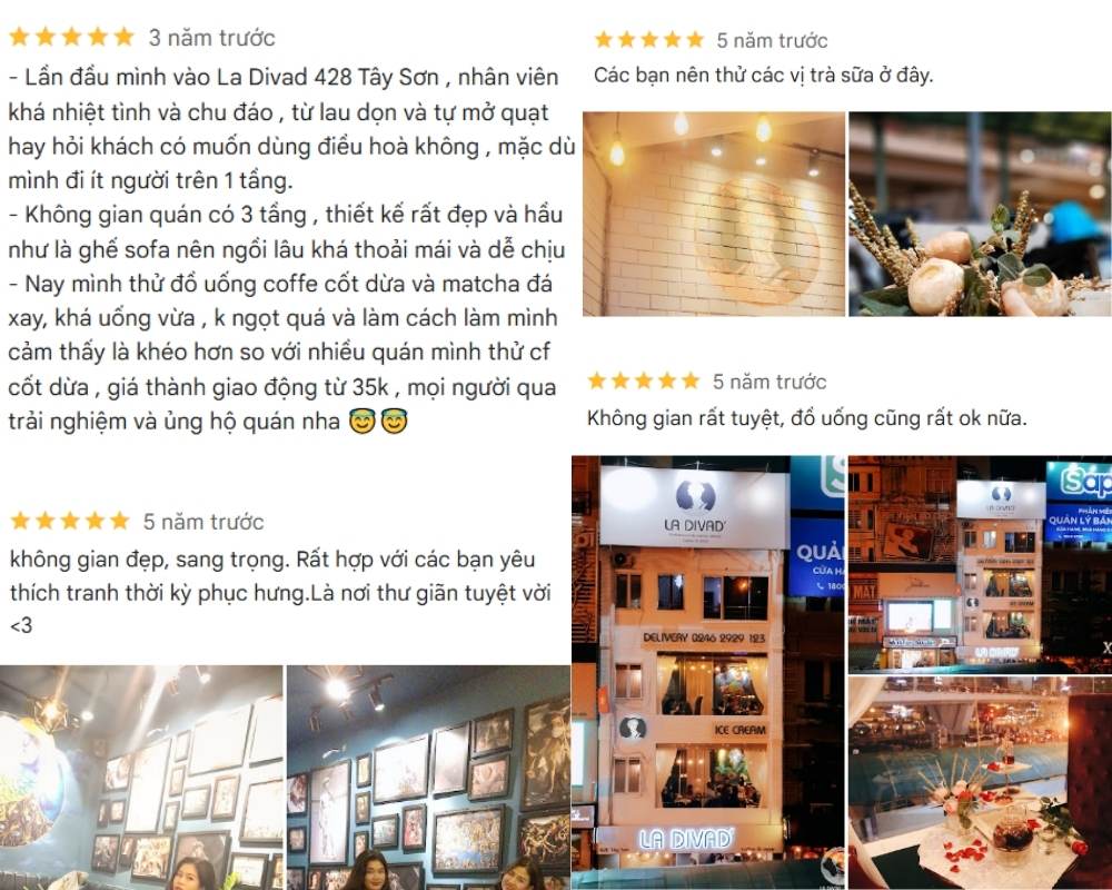 Khám Phá 12+ Quán Cafe Đẹp Ở Tây Sơn Với Đồ Uống Ngon 5 Hình ảnh các đánh giá và ảnh chụp quán cà phê La Divad, bao gồm không gian bên ngoài và bên trong quán.