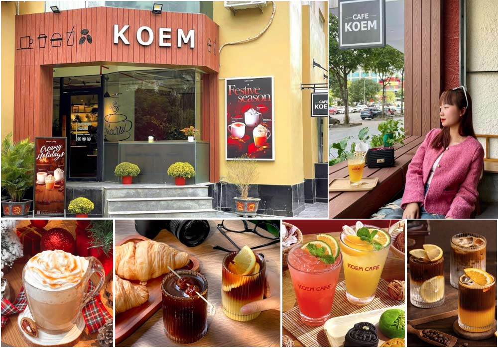 Khám Phá Top 6 Quán Cafe Hot Nhất Tại Thành Thái, Cầu Giấy 7 Mặt tiền quán cà phê với bảng hiệu "KOEM" và nhiều loại thức uống đa dạng, có người ngồi bên cửa sổ.