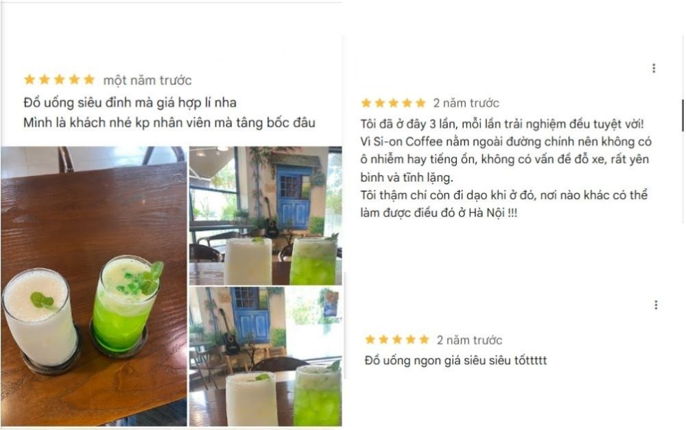 7 Quán Cafe View Đẹp Phạm Văn Đồng Không Thể Bỏ Qua 8 Hai ly nước trên bàn gỗ, bên cạnh là hình ảnh quán cà phê với cửa sổ màu xanh và cây xanh trang trí.