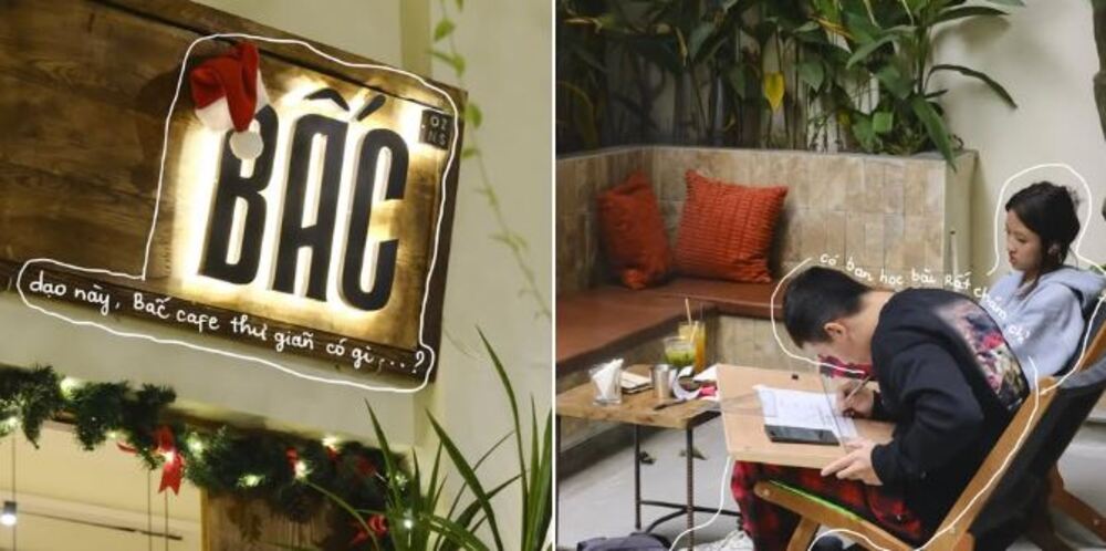 Khám Phá 9 Quán Cafe Độc Đáo Trên Đường Hoàng Hoa Thám 4 Biển hiệu quán cà phê và hai người đang học bài, ngồi cạnh nhau trong không gian thoải mái với cây xanh.