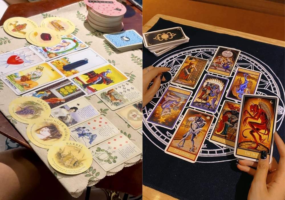 Khám Phá Top 10 Quán Cafe Láng Hạ: View Đẹp, Menu Hấp Dẫn, Giá Cực Hợp Lý 16 Hai bộ bài tarot được bày trên bàn, mỗi bộ có các lá bài khác nhau và chi tiết nghệ thuật phong phú.