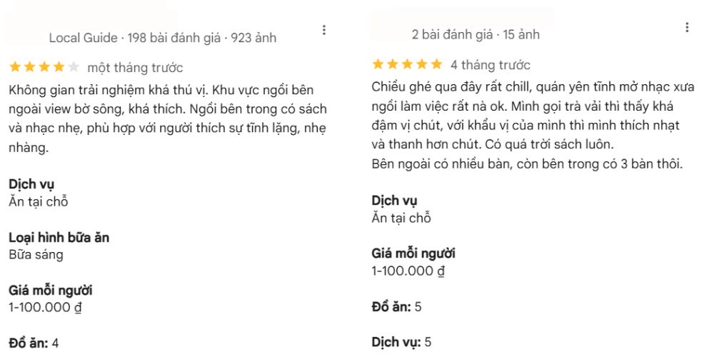 Khám Phá Top Quán Cafe Sách Hot Nhất Quận 1 Bạn Không Thể Bỏ Lỡ Năm Nay 6 Hai đánh giá về một quán cà phê, mô tả không gian và dịch vụ, kèm thông tin giá cả và đánh giá.