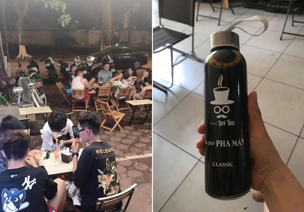 Khám Phá 8 Quán Cafe Lý Tưởng Trên Phố Phan Đình Phùng Cho Cuối Tuần Thư Giãn 8 Bên trái: Nhóm người ngồi tại quán cà phê ngoài trời. Bên phải: Một chai cà phê pha máy được cầm trên tay.