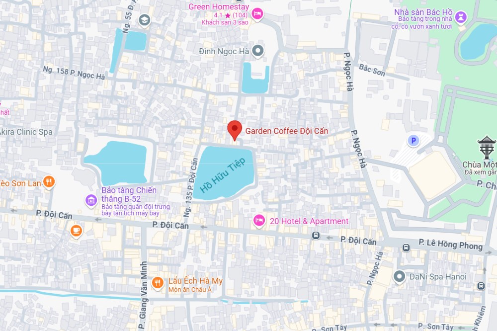 Khám Phá 11 Quán Cafe Đội Cấn Tuyệt Vời Cho Thư Giãn Và Làm Việc 9 Bản đồ khu vực Đội Cấn, Hà Nội, hiển thị các địa điểm nổi bật và dịch vụ xung quanh Hồ Hữu Tiệp.