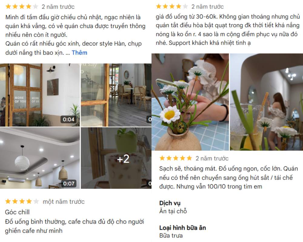 Khám Phá 7 Quán Cafe Tuyệt Đẹp Ở Ngã Tư Sở: View Đẹp, Đồ Uống Ngon, Giá Phải Chăng 5 Hình ảnh gồm nhiều đánh giá và hình ảnh về quán cà phê với không gian trang trí và đồ uống khác nhau.