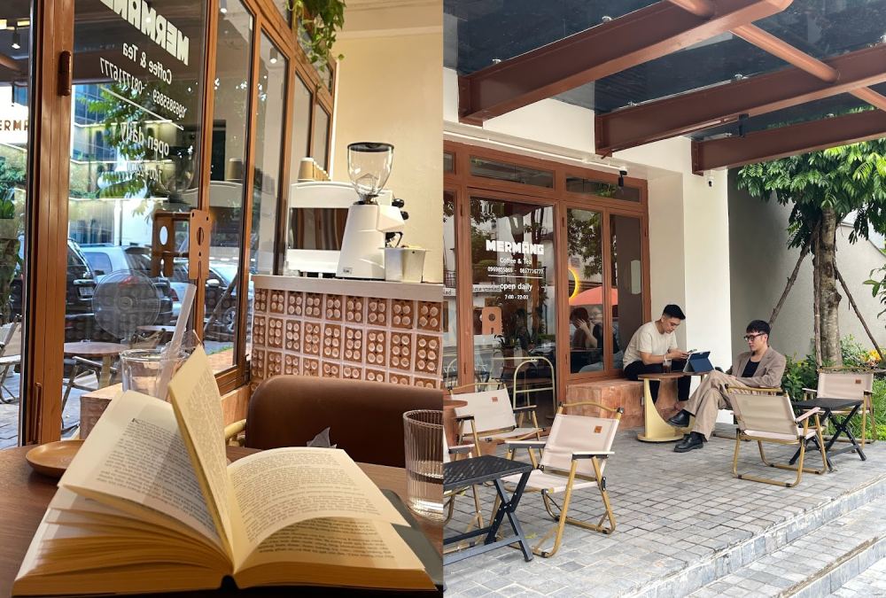 Khám Phá 7 Quán Cafe Tuyệt Đẹp Ở Ngã Tư Sở: View Đẹp, Đồ Uống Ngon, Giá Phải Chăng 19 Quán cà phê với không gian nội thất ấm cúng, sách mở trên bàn; bên ngoài có hai người ngồi trò chuyện.