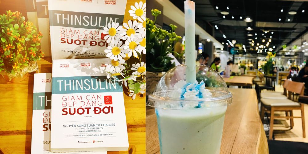 Khám Phá Top Quán Cafe Sách Hot Nhất Quận 1 Bạn Không Thể Bỏ Lỡ Năm Nay 27 Sách "Thinsulin: Giảm cân và đẹp dáng suốt đời" trên bàn gỗ, bên cạnh là ly đồ uống trong không gian quán.